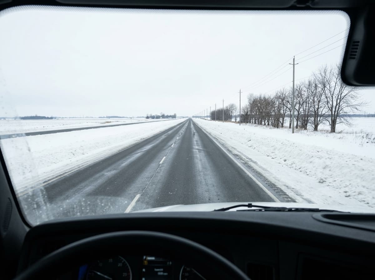 View through the windshield of a snowy two-lane highway