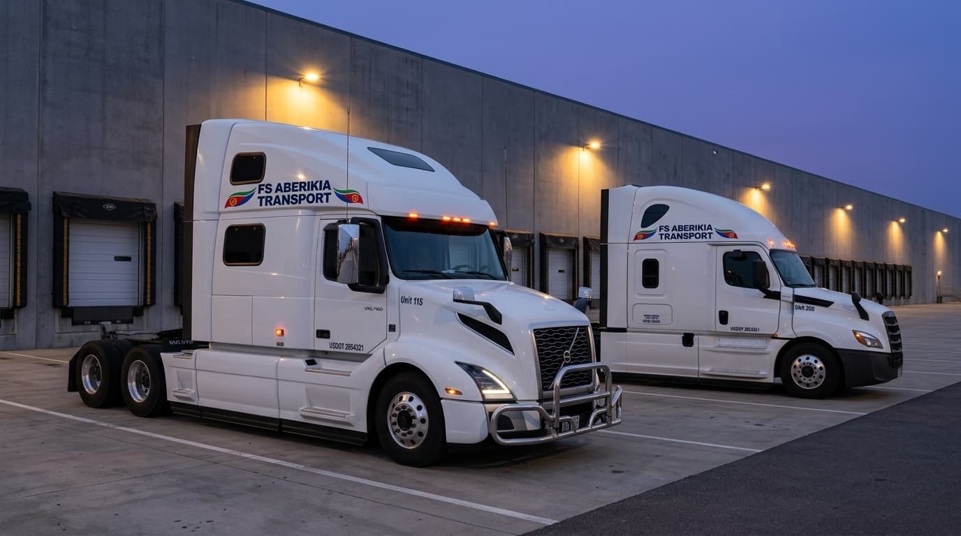 Volvo VNL and Freightliner Cascadia tractors parked at a warehouse at dusk