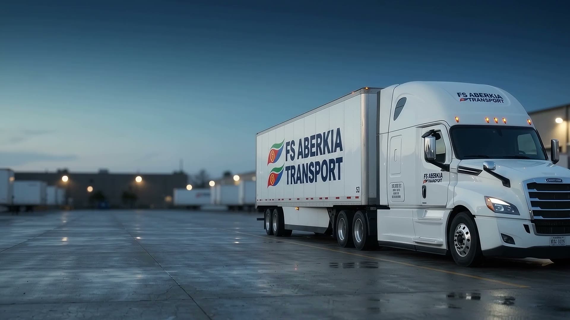 FS ABERIKIA Freightliner Cascadia and 53-foot trailer on a wet yard apron at dusk