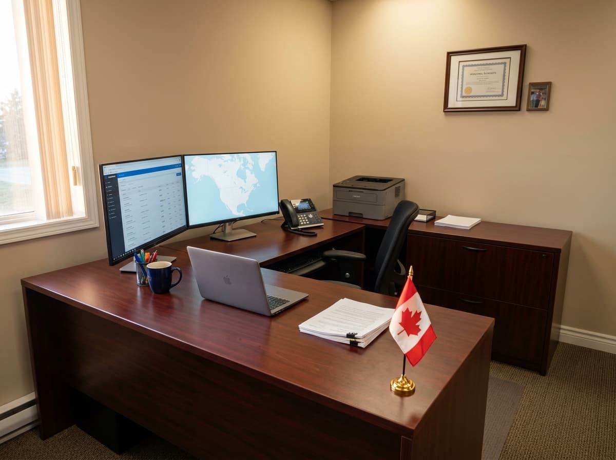Dispatch office desk with monitors and printer