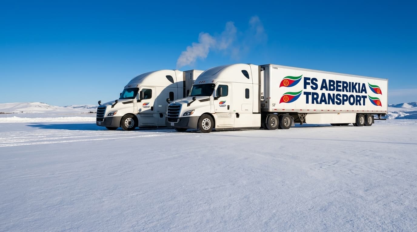 Two FS ABERIKIA tractor-trailers on a snow-covered lot under a blue sky