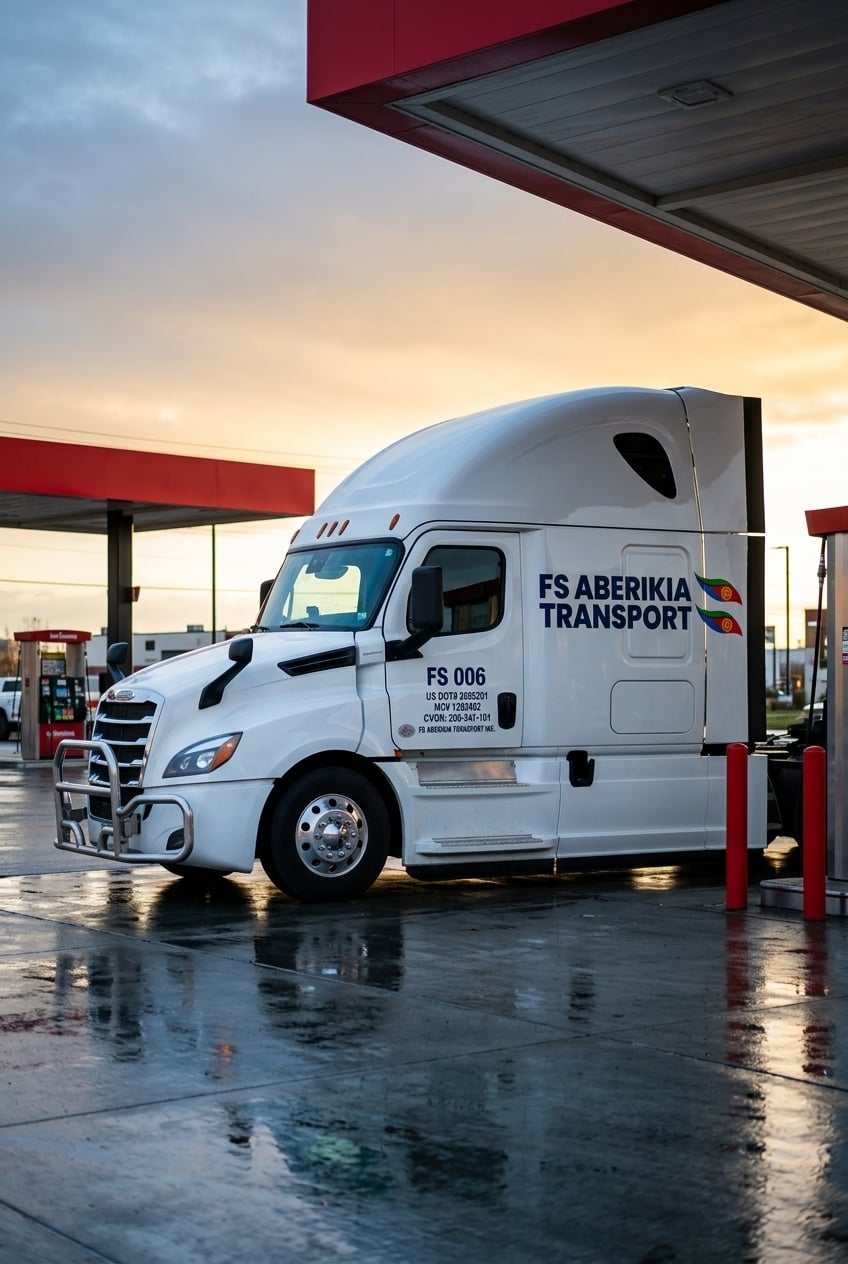FS ABERIKIA Freightliner Cascadia at a fuel island